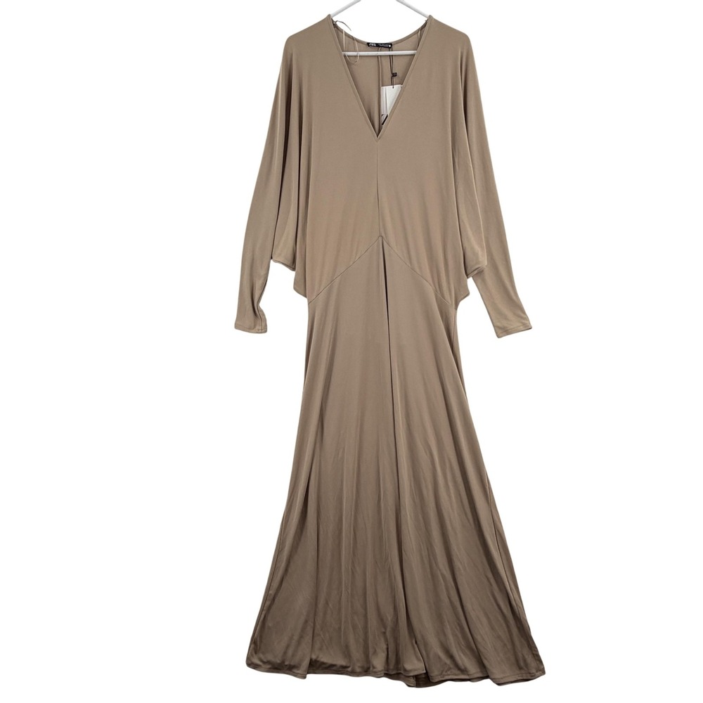 ZARA Dress Womens Small Beige V Neck Maxi Dolman Stretch Join Life NWT - Picture 1 of 9